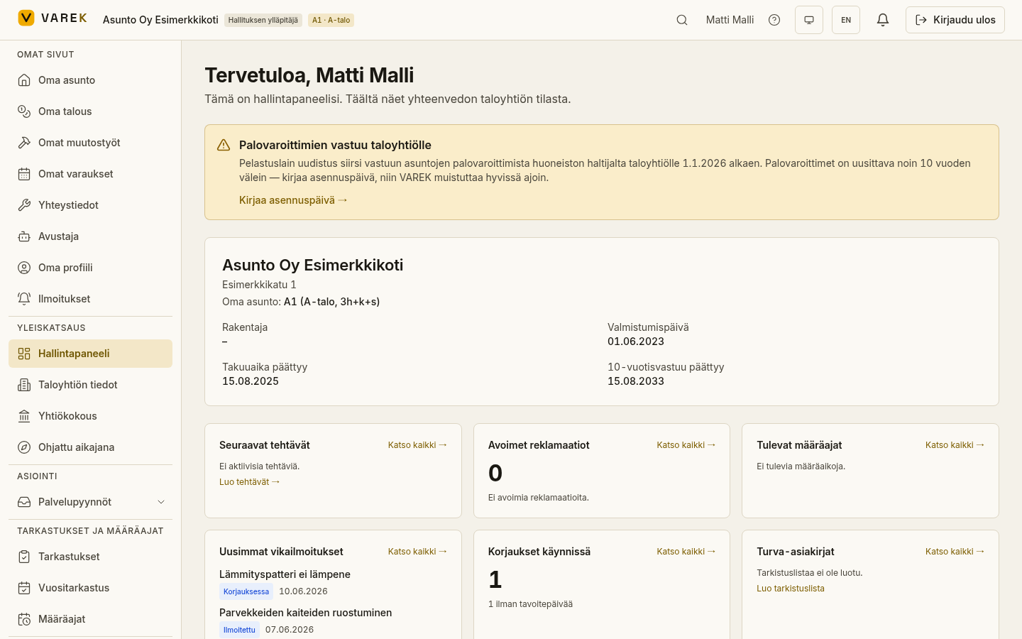 VAREKin hallituksen työpöytä: taloyhtiön tilannekuva, määräaikalaskurit ja avoimet tehtävät yhdessä näkymässä