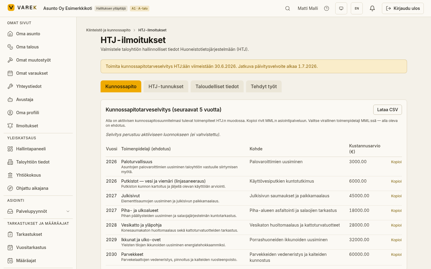 VAREKin HTJ-ilmoitukset-näkymä: kunnossapito- ja muutostyötiedot sekä huoneistotietojärjestelmän vientityöpöytä