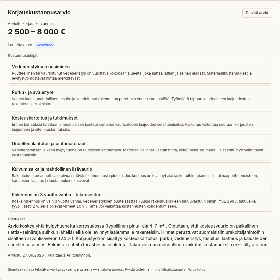 VAREKin korjauskustannusarvio kylpyhuoneen vedeneristysvauriosta: arvioitu kustannushaarukka 2 500–8 000 €, luotettavuusarvio ja luettelo kustannustekijöistä