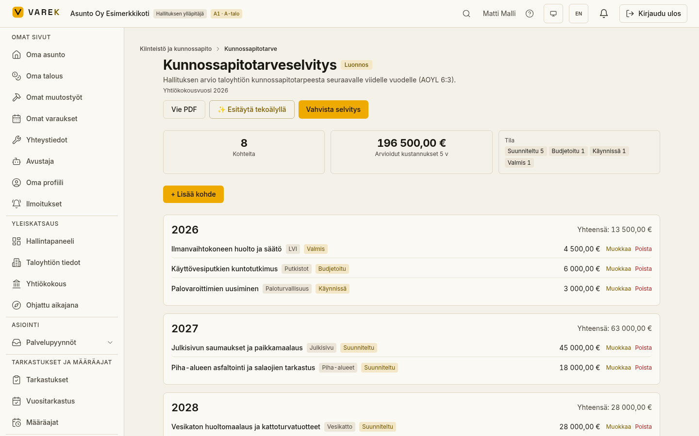 VAREKin KPTS-näkymä: tekoälyn ehdottamat kunnossapitotoimenpiteet ja evidenssiviittaukset taloyhtiön omaan vika- ja tarkastushistoriaan