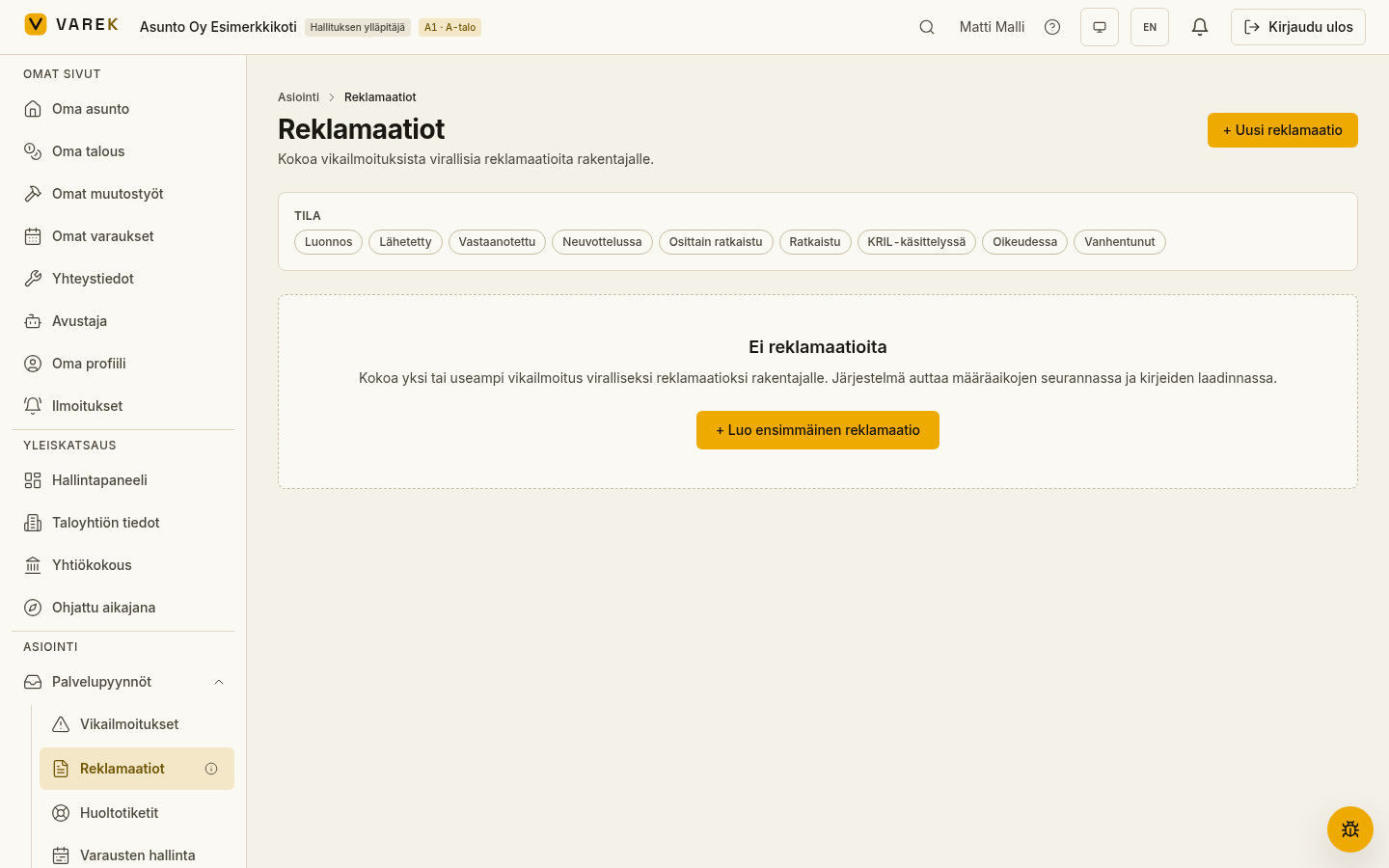 VAREKin reklamaatiot-näkymä: reklamaation tilat luonnoksesta ja lähetyksestä KRIL-käsittelyyn ja oikeuteen