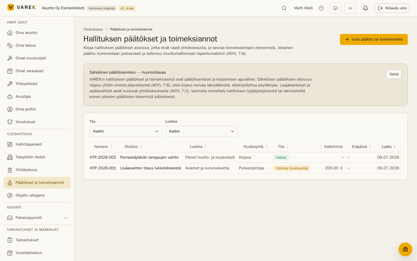 VAREKin Päätökset ja toimeksiannot -lista: hallituksen päätökset numeroituina, hyväksyntätason ja tilan mukaan