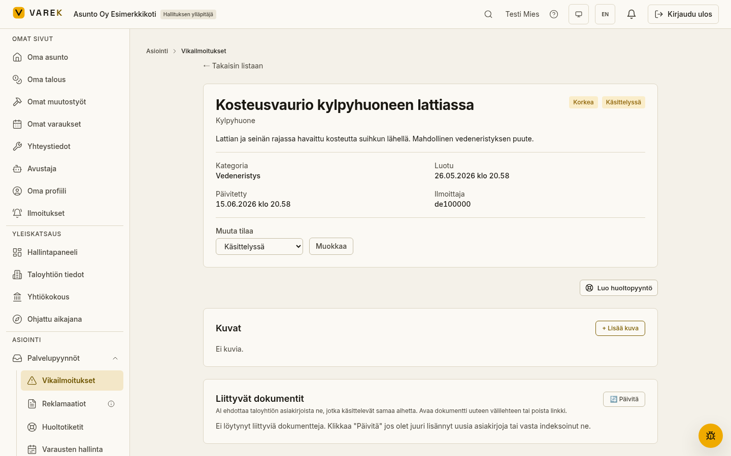 VAREKin vikailmoituksen näkymä: kosteus- ja vesivahinkohavainto kategorioineen, vakavuuksineen ja tiloineen