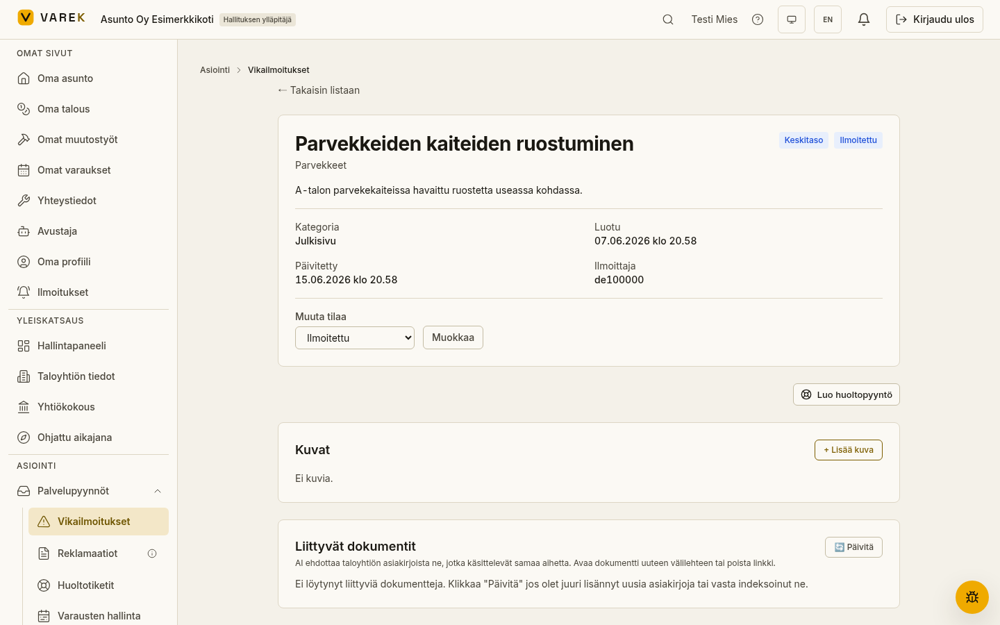 VAREKin vikailmoituksen näkymä: parvekkeiden kaiteiden ruostuminen — kategoria julkisivu, vakavuus keskitaso