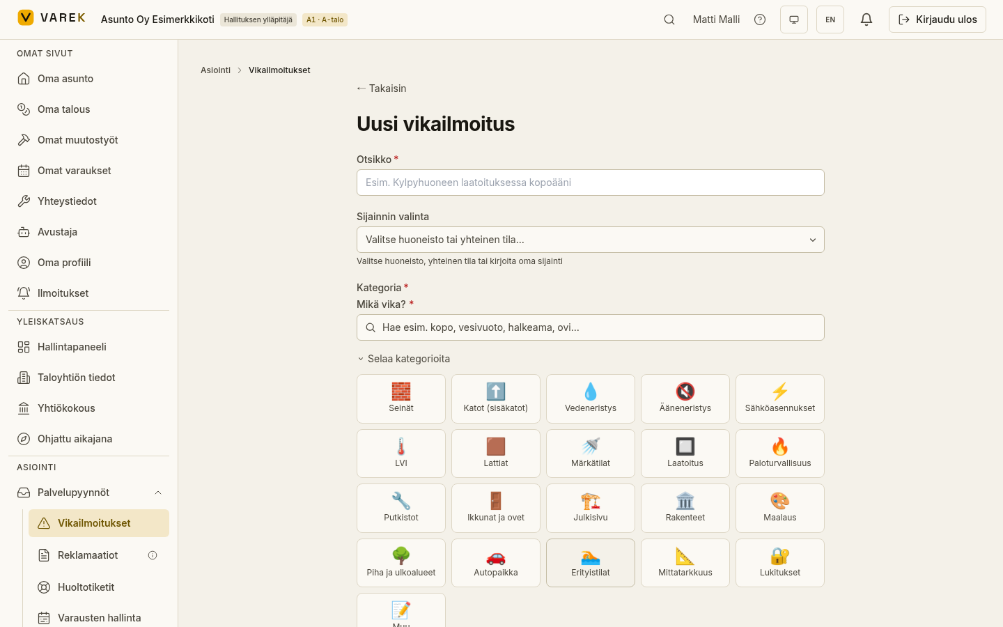 VAREKin vikailmoituslomake, jossa kirjataan rakennusvirheen kategoria, sijainti, vakavuus ja kuvaus