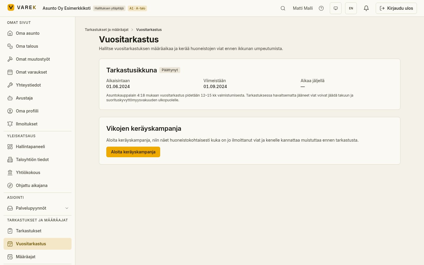 VAREKin tarkastusnäkymä: tilakohtainen tarkistuslista ja havaintojen kirjaus vikailmoituksiksi