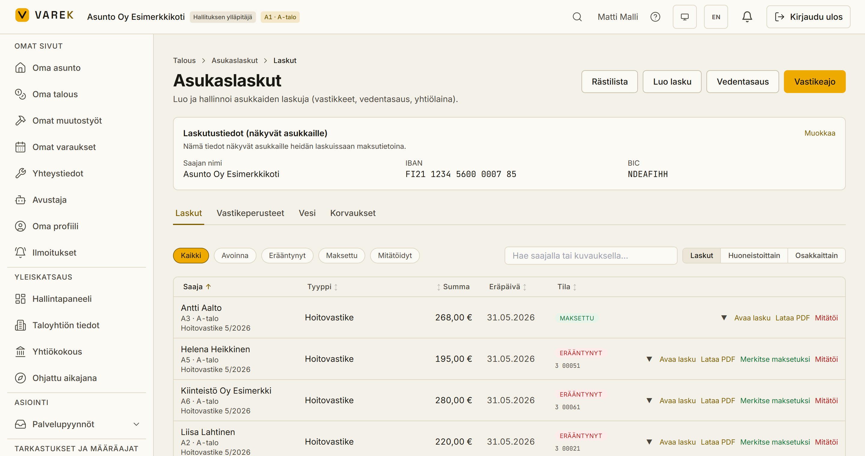 Asukaslaskut-lista ja kolme näkymäpainiketta