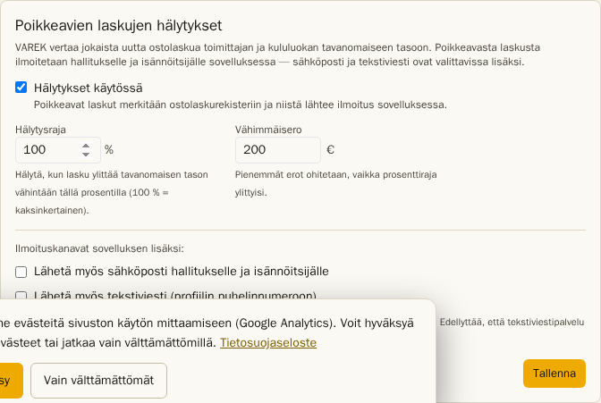 Poikkeavien laskujen hälytysasetukset