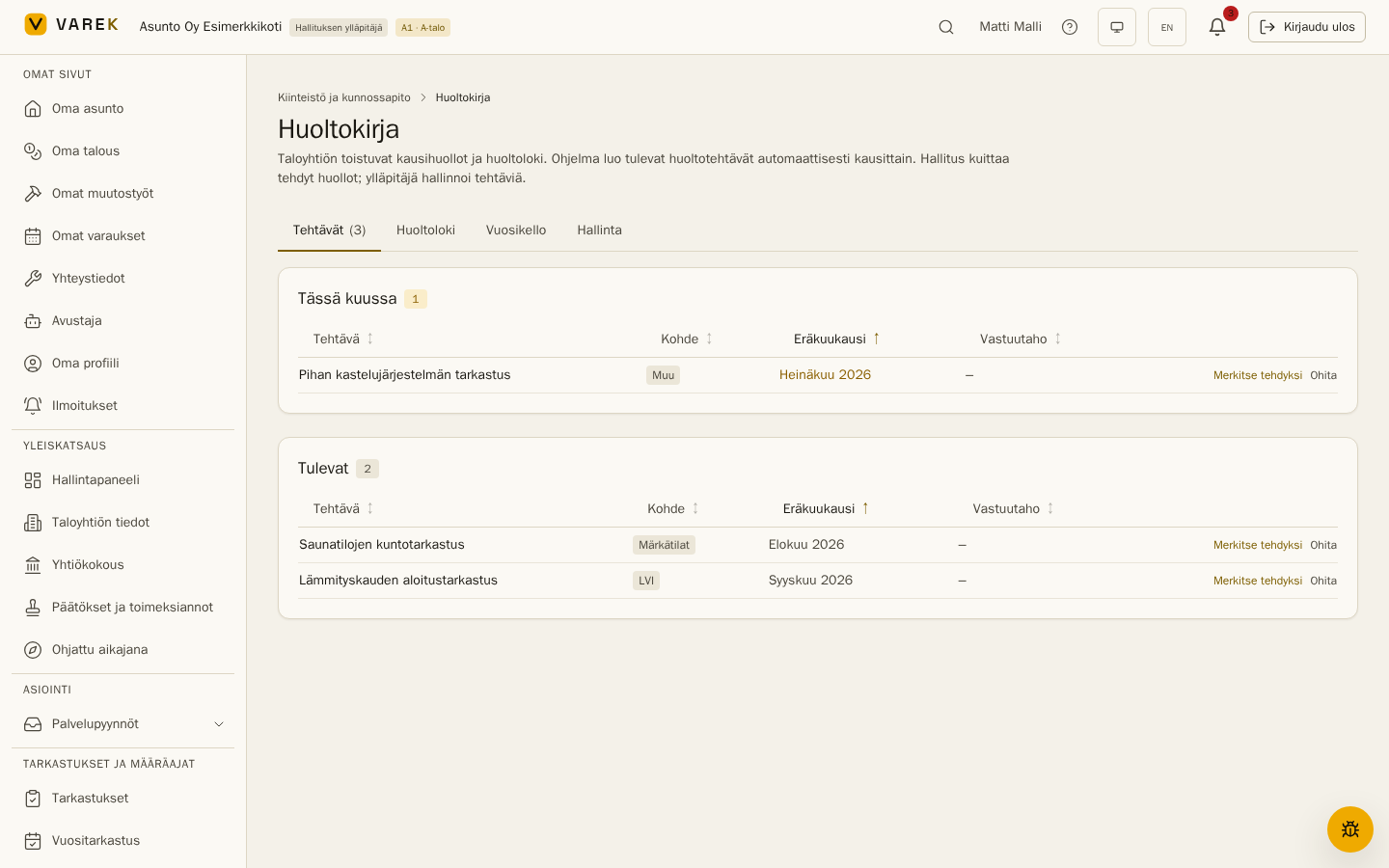 Huoltokirjan Tehtävät-välilehti: avoimet huollot ryhmiteltyinä ja kuittauspainikkeet