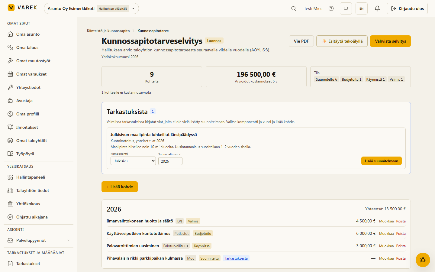 KPTS-sivu: Tarkastuksista-lista ja Tarkastuksesta-merkintä suunnitelman kohteella