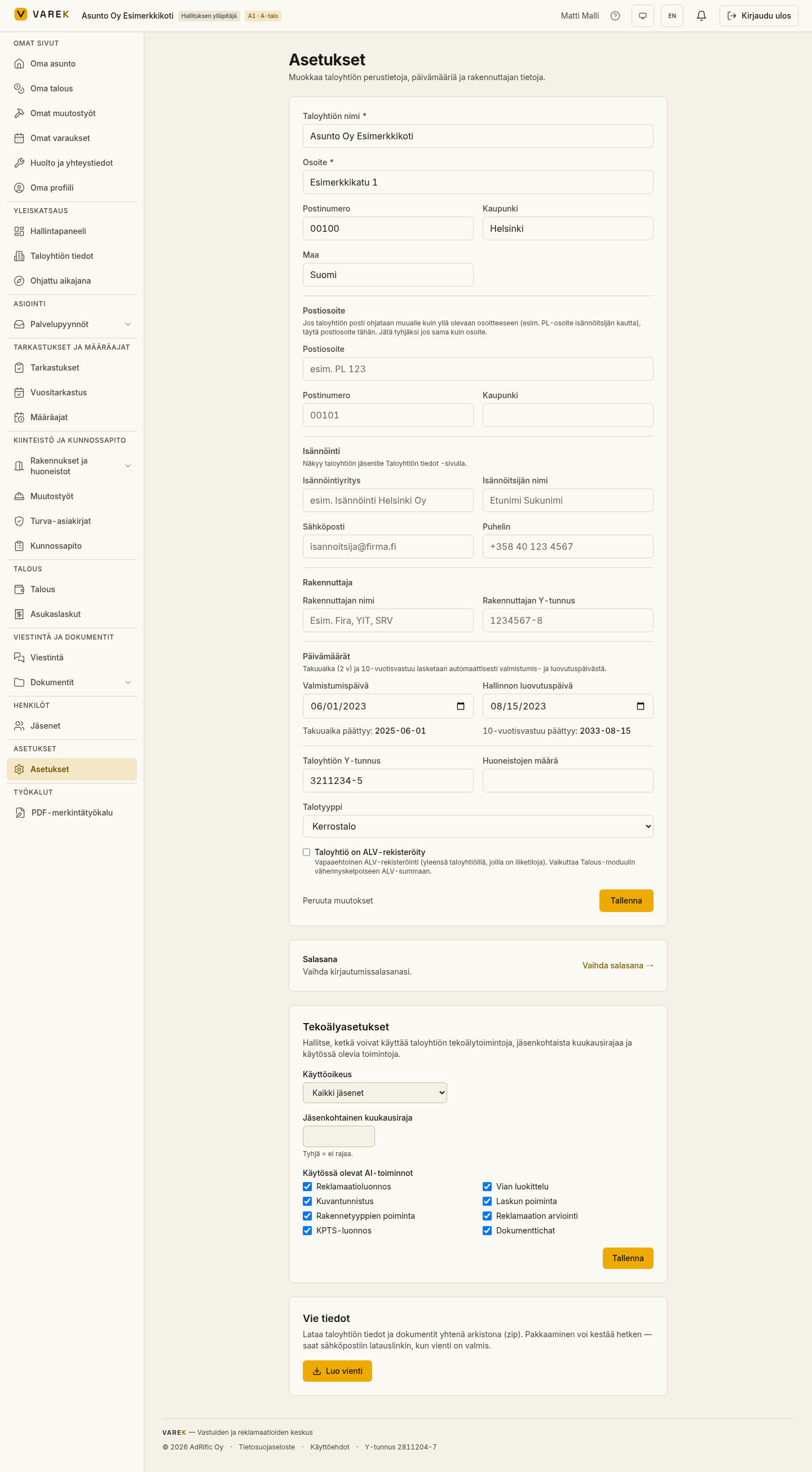 Taloyhtio settings form