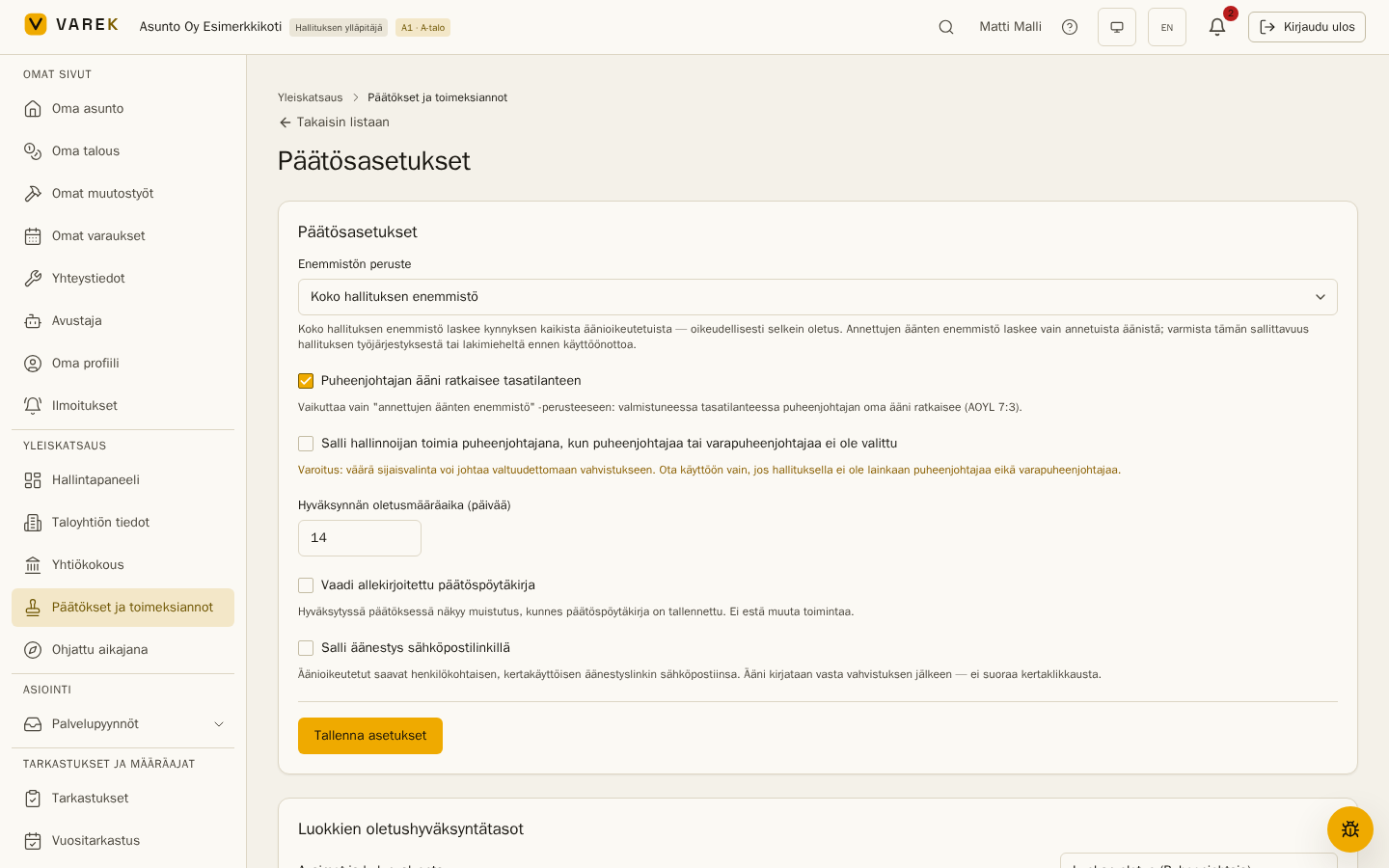 Päätösasetukset: laskuperuste, määräaika ja luokkakohtaiset oletustasot
