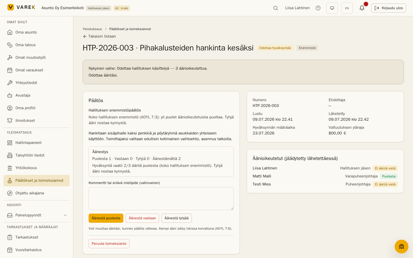 Äänestyspaneeli: tulos, nimikohtainen luettelo ja omat äänestyspainikkeet