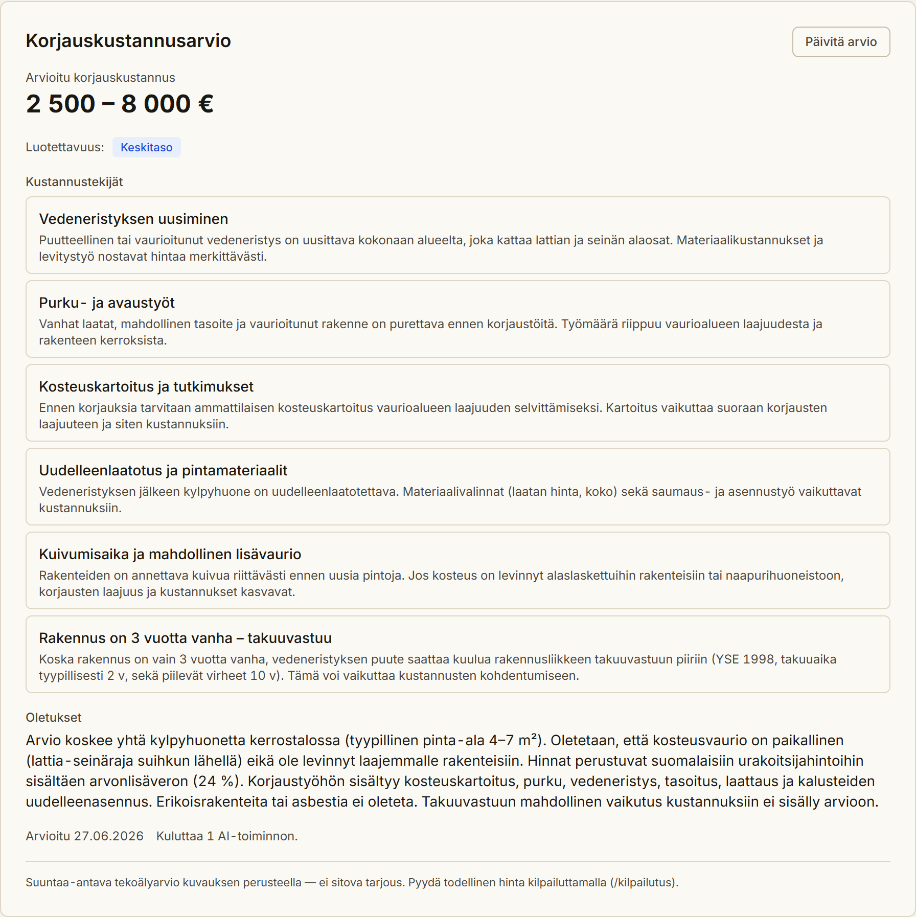 Korjauskustannusarvio-paneeli vikailmoituksessa