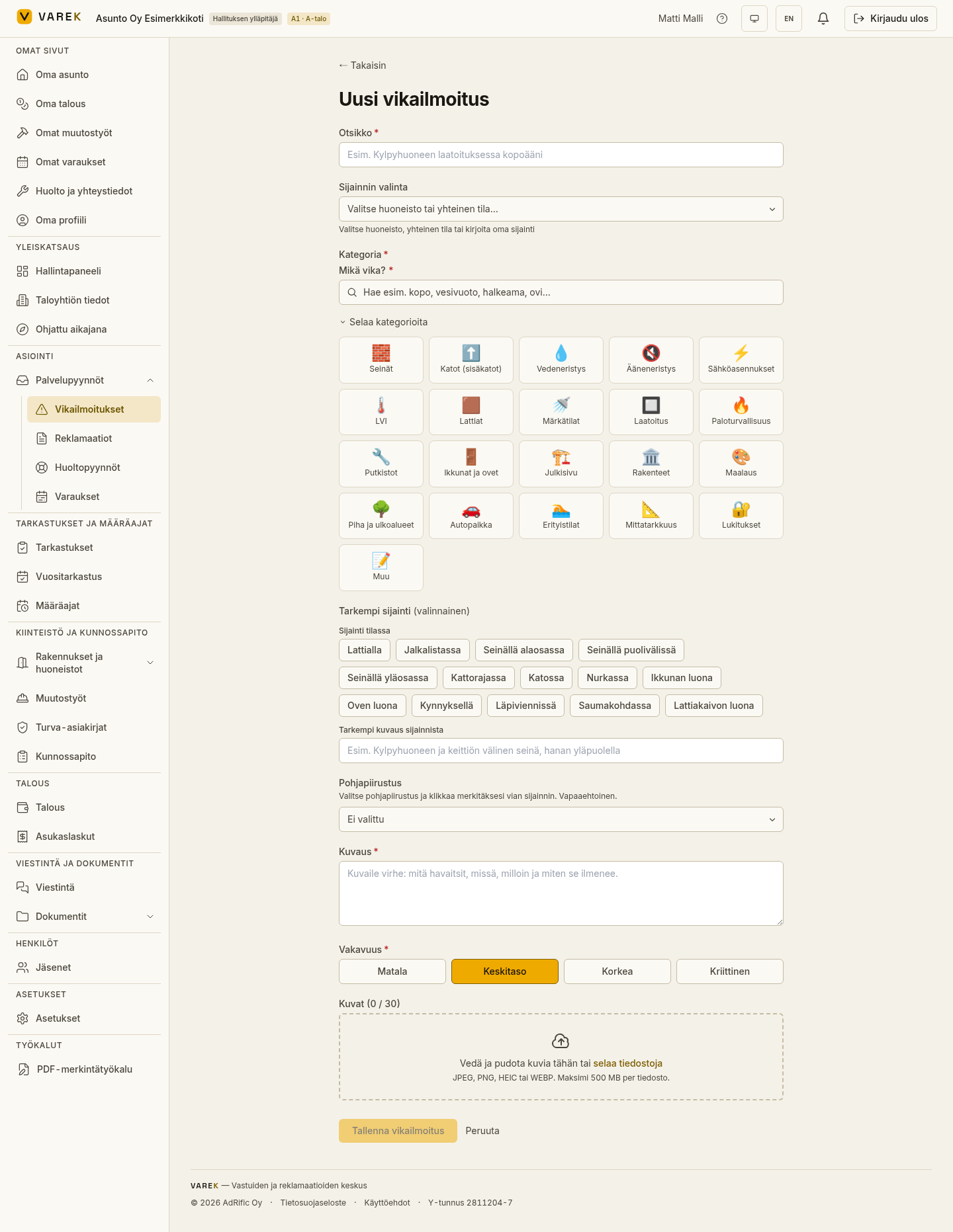 Uusi vikailmoitus lomake